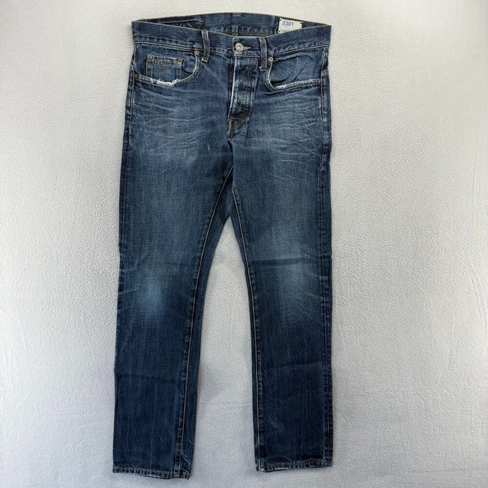 G Star Raw jeans Men's 33x32 Fits 32x30 Blue 3301 Slim Dark Wash Whisker Vintage